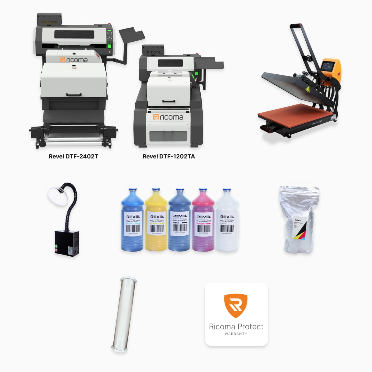 Revel 24&quot; DTF-2402T or Duo 12&quot; DTF-1202TA,Ricoma 16&quot; x 20&quot; Auto Open Flat Heat Press,Purifier to clean the air around the printer,DTF Inks ONE 1L each of C,M,Y,K,W,DTF Adhesive Powder 1kg,DTF-1202TA:  30cm*100m roll,DTF-2402T: 60cm Hot Peel Film 100m roll