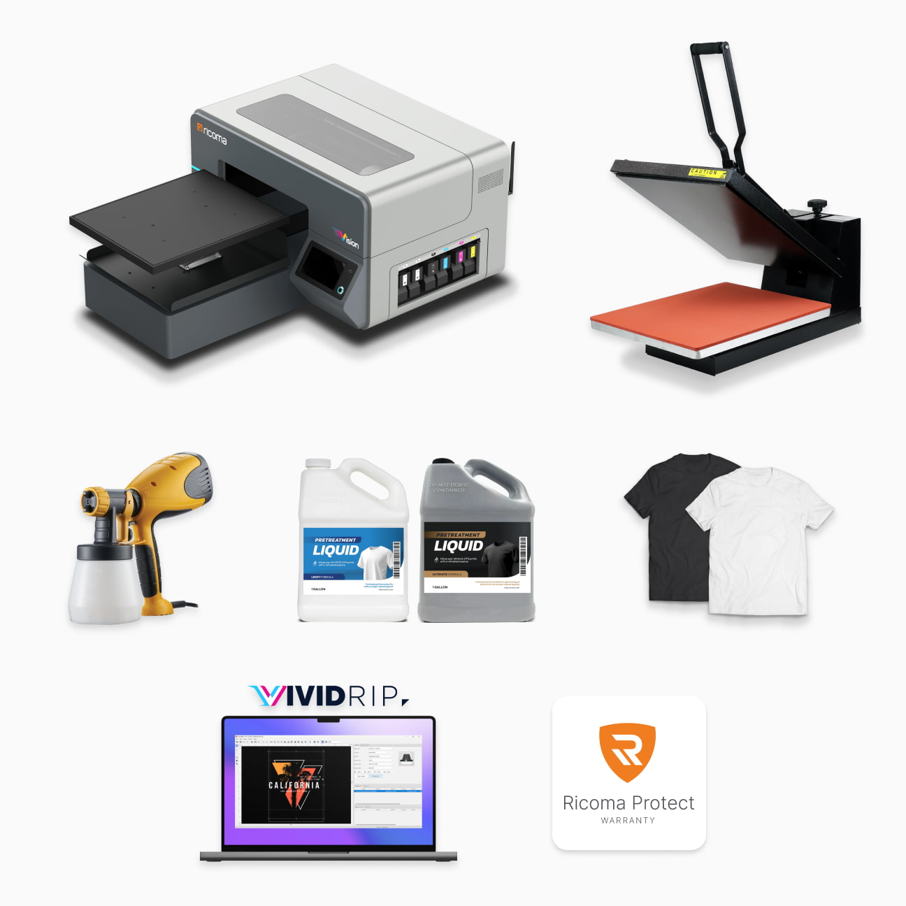 Vision DTG Printer,iKonix Manual 16” x 20” Flat Heat Press,Wagner sprayer,SonicJet Pretreatment Starter Kit (32oz of Light and 32oz of Ultimate),Pretreated shirt samples (2),VividRIP Software (Mac and PC compatible)