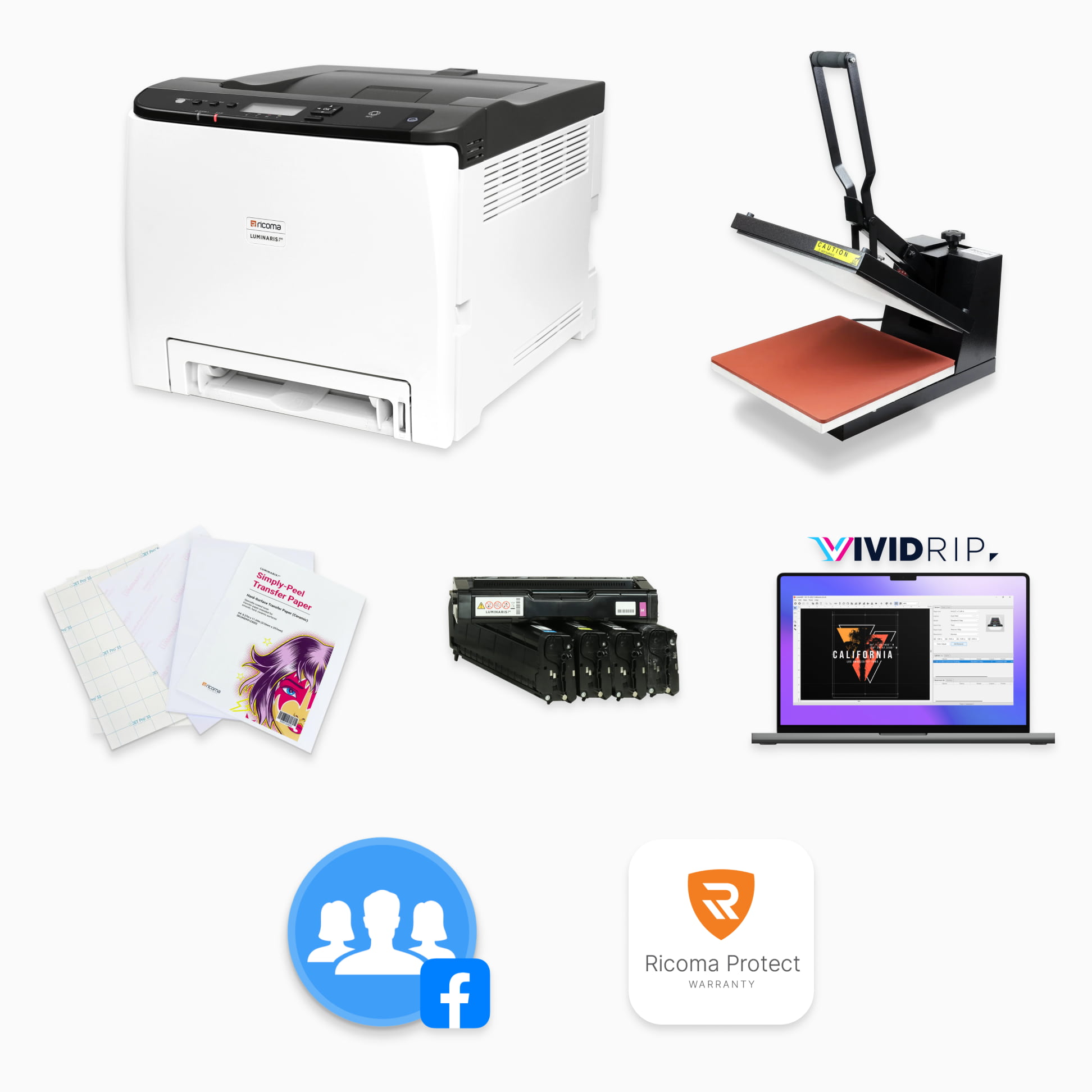 Luminaris 200 White Toner Transfer Printer,iKonix 15” x 15” Flat Heat Press,100 sheets of 2-step transfer paper,Set of transfer toner CMYKW,VividRIP Software (Mac and PC compatible),Access to the private elite Ricoma Facebook group (with over 6,000 members)