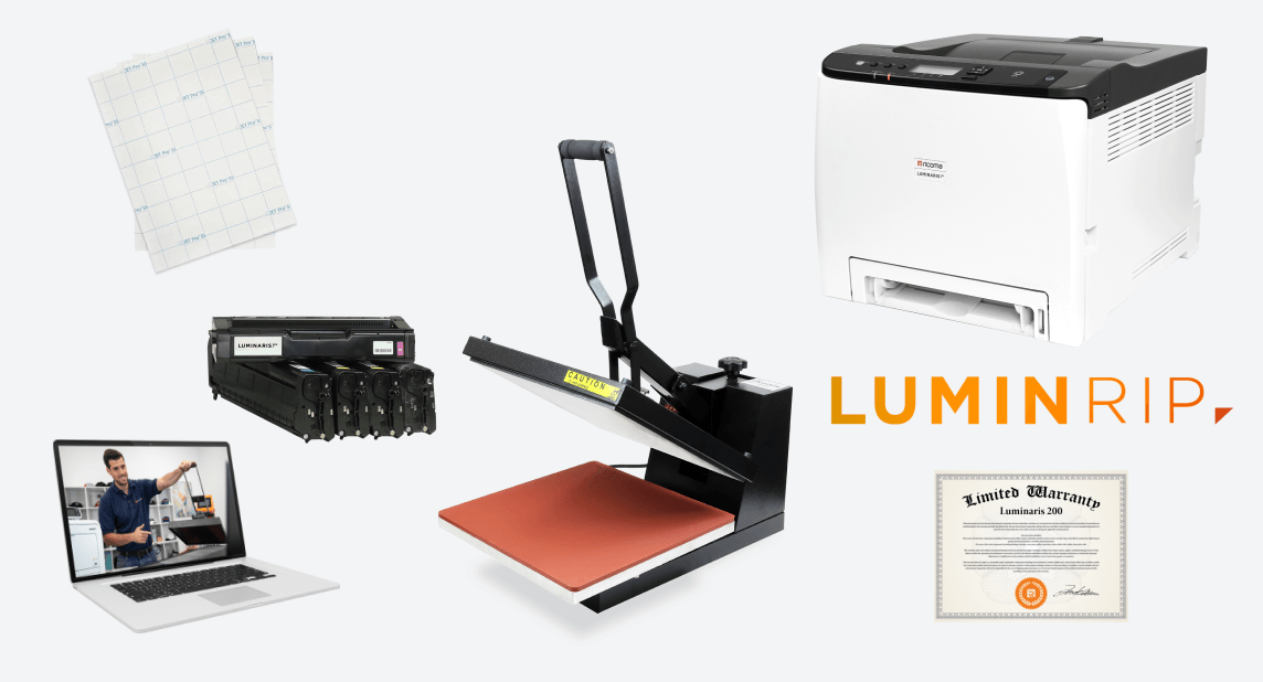 Luminaris 200 White Toner Transfer Printer,iKonix 15” x 15” Flat Heat Press,100 sheets 2-step transfer paper,Set of transfer toner CMYKW,LuminRIP Software (Mac and PC compatible),Video training,12-month warranty,UNLIMITED lifetime technical support,Access to the private elite Ricoma Facebook group