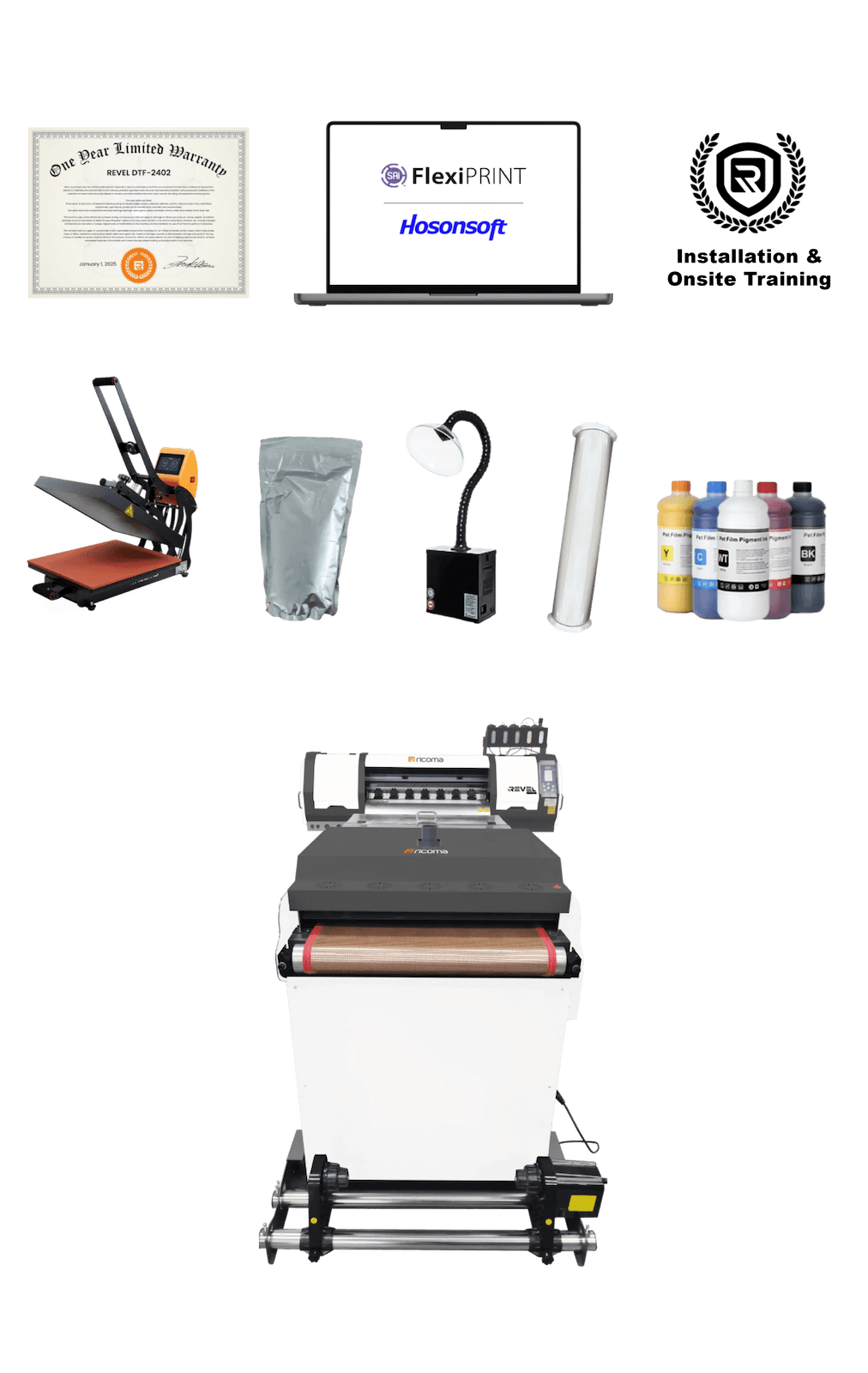 Flexi Print PM RIP software,Hosonsoft editing and print management software,60cm Hot Peel Film 100m roll,DTF Inks ONE 1L each of C,M,Y,K,W,DTF Adhesive Powder 1kg,Purifier,Ricoma 16" x 20" Auto Open Flat Heat Press,Unlimited training & support,12 month warranty,Installation & onsite training ,Access to the private elite Ricoma Facebook group