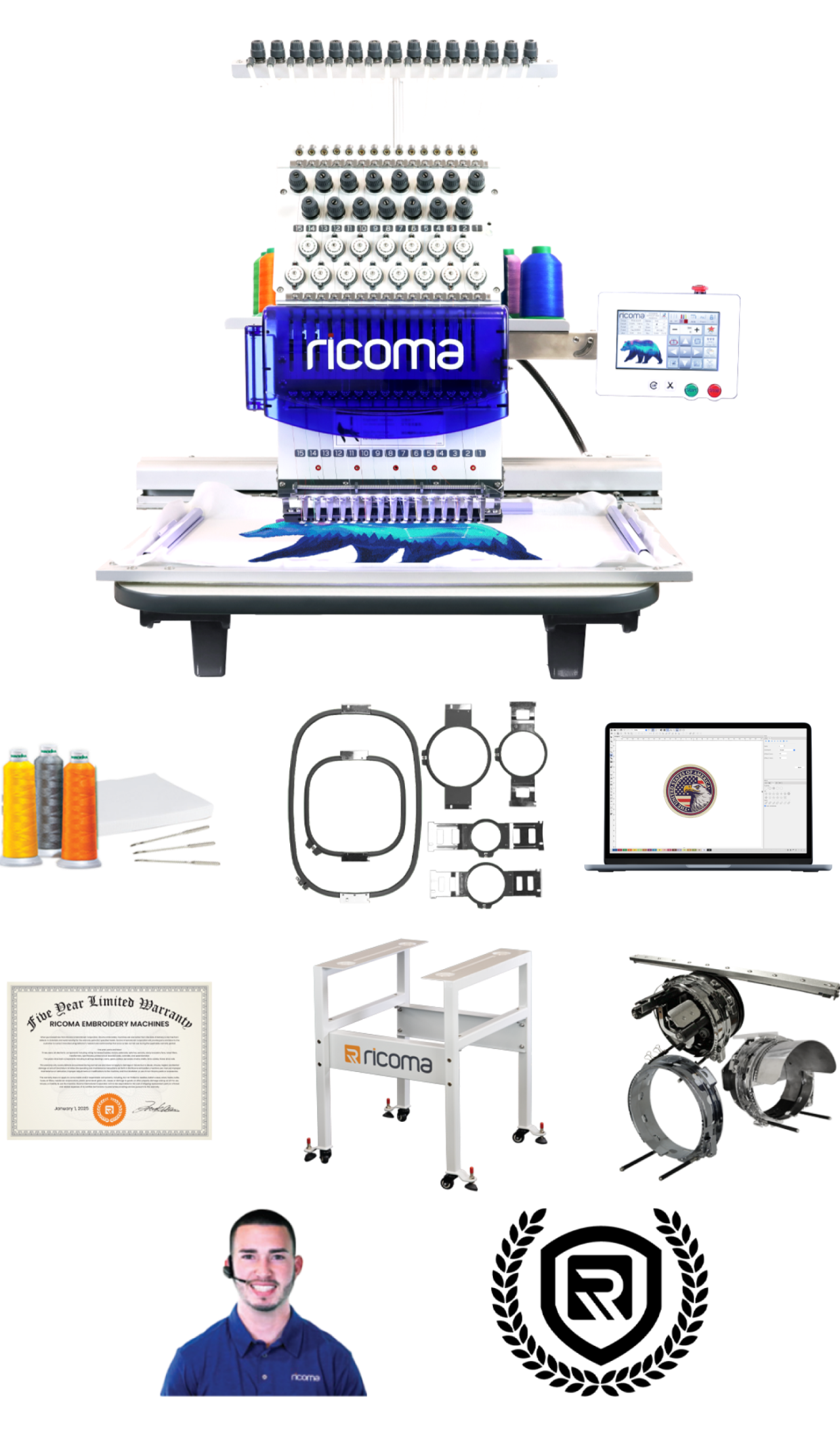 Embroidery machine<br/>(Choose from any of our models),Heavy-duty steel stand,Multiple hoops,Cap driver assembly with cap rings,Embroidery starter kit,Chroma Inspire digitizing software,Free training,Ricoma limited 5-year warranty,UNLIMITED lifetime technical support