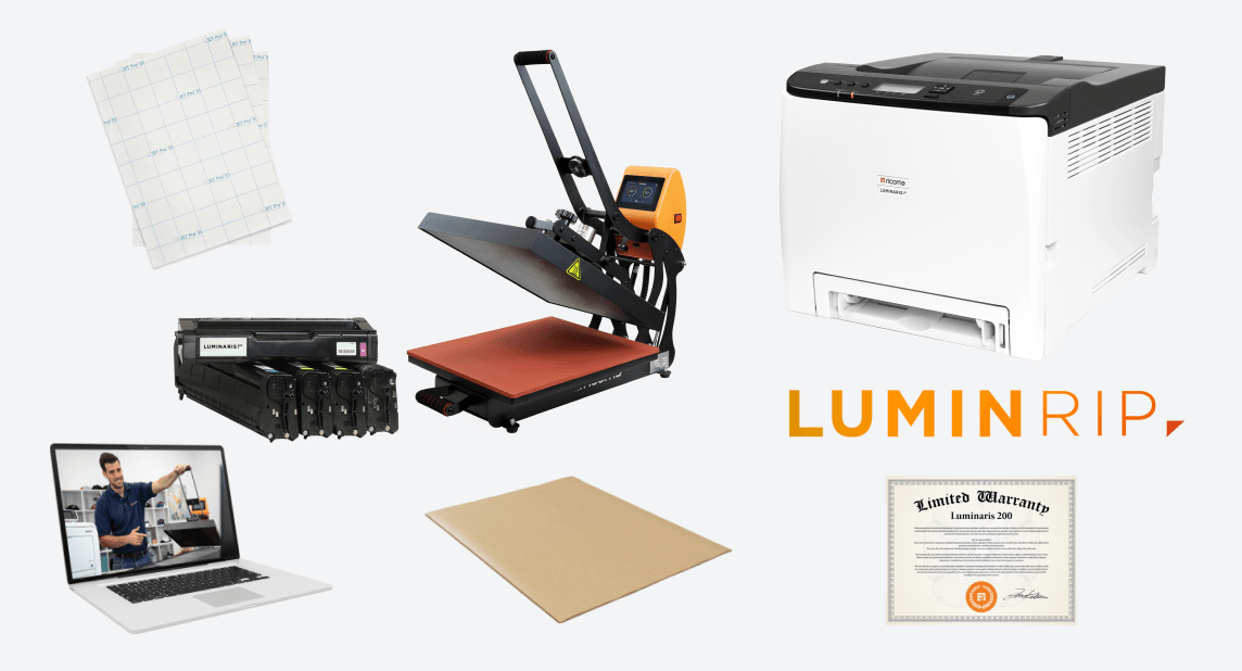 Luminaris 200 White Toner Transfer Printer,<span class="font-bold">Ricoma Auto Open 16” x 20” Flat Heat Press</span>,100 sheets 2-step transfer paper,Set of transfer toner CMYKW,LuminRIP Software (Mac and PC compatible),<span class="font-bold">Live online training</span>,<span class="font-bold">18-month warranty</span>,UNLIMITED lifetime technical support,Access to the private elite Ricoma Facebook group,<span class="font-bold">25 sheets of 16" x 20" Teflon paper</span>