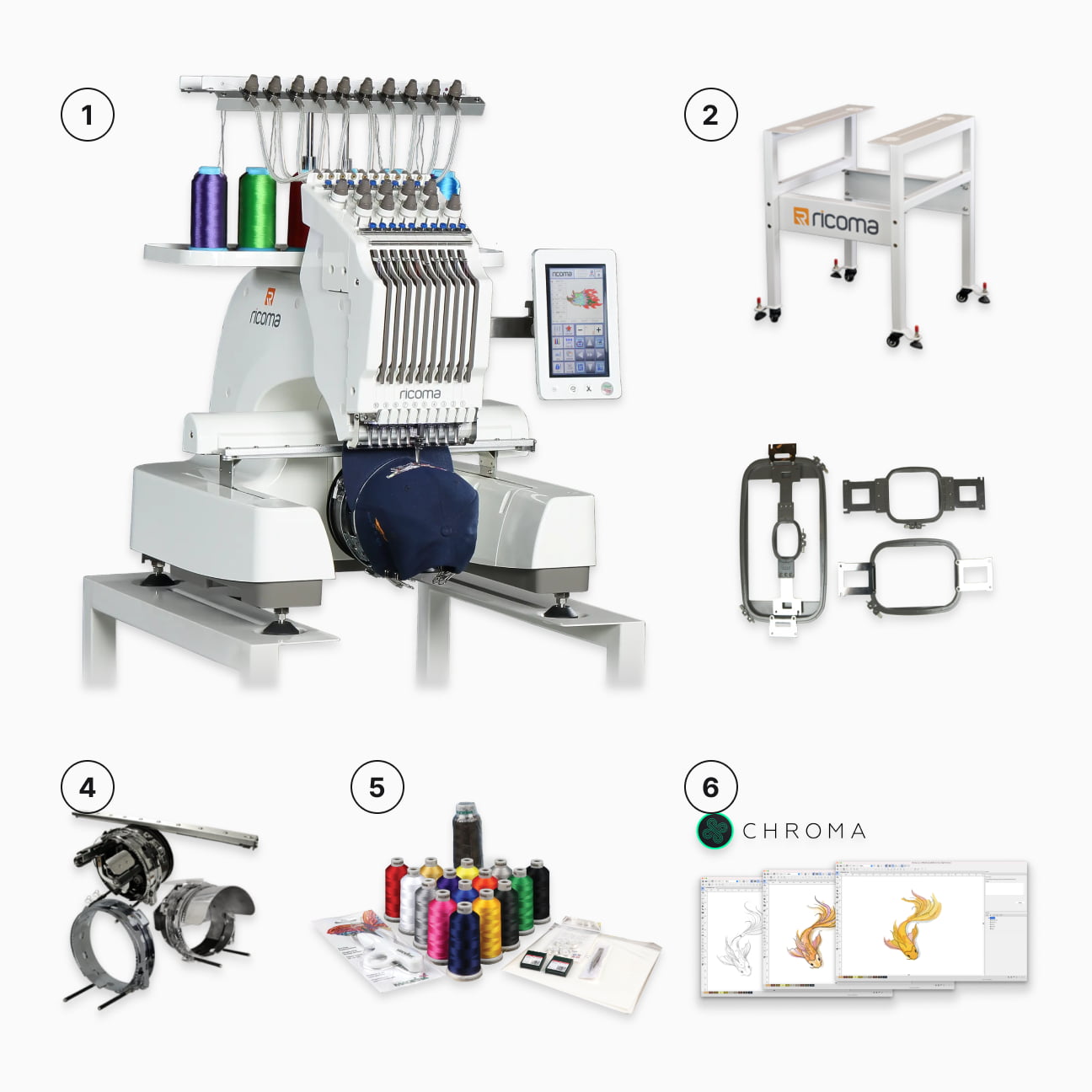 EM-1010 embroidery machine,Heavy-duty steel stand,Four flat hoops for all types of embroidery projects,Cap driver assembly with cap rings to embroider caps,Embroidery starter kit with threads, needles, backing and more,Chroma Inspire digitizing software
