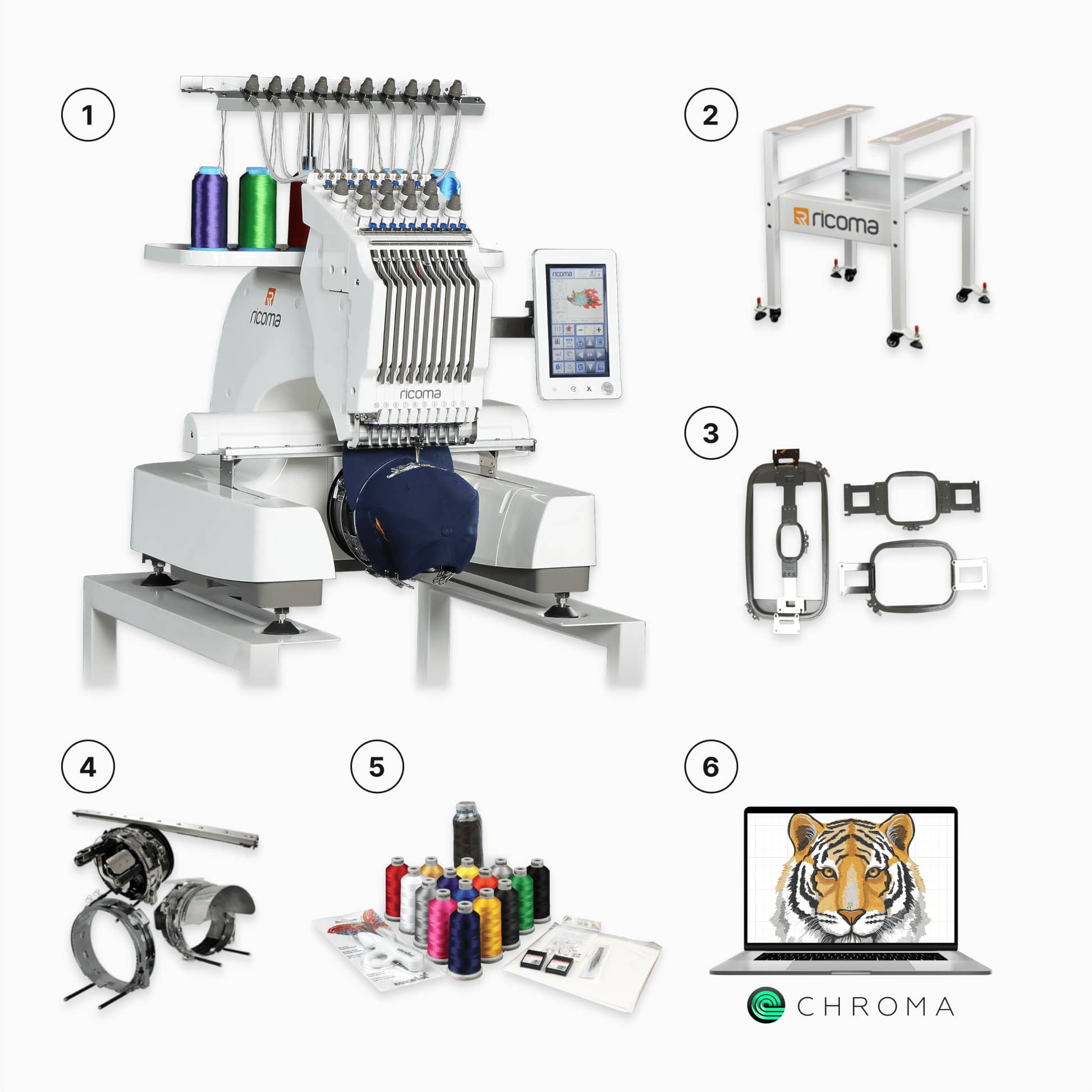 EM-1010 embroidery machine,Heavy-duty steel stand,Four flat hoops for all types of embroidery projects,Cap driver assembly with cap rings to embroider caps,Embroidery starter kit with threads, needles, backing and more,Chroma Inspire digitizing software