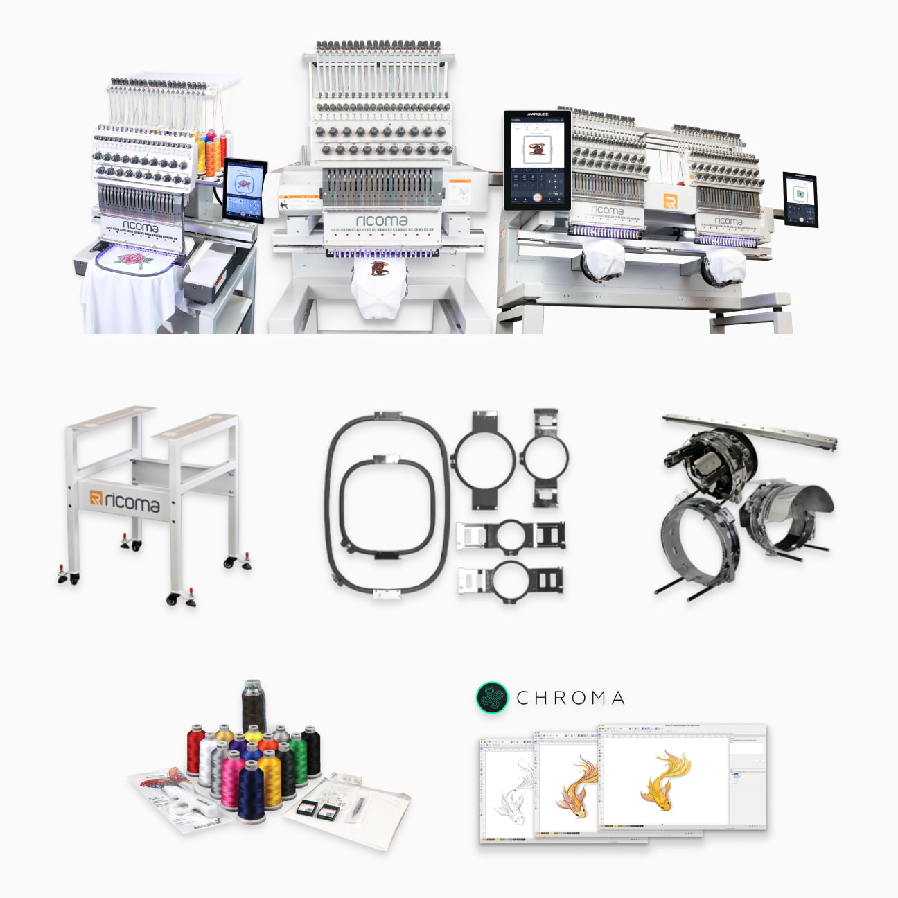 Embroidery machine (Choose from any of our models),Heavy-duty steel stand,Variety of hoops in different sizes for all types of embroidery projects,Cap driver assembly with cap rings to embroider caps,Embroidery starter kit with threads, needles, backing and more,Chroma Inspire digitizing software 