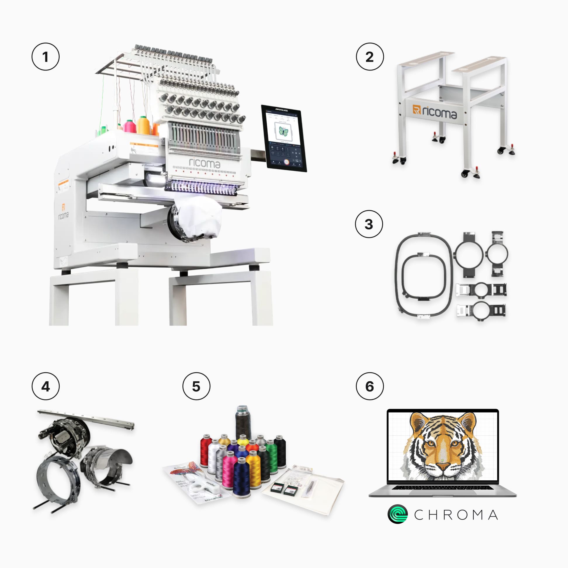 Marquee 2001 embroidery machine,Heavy-duty steel stand,13 flat hoops for all types of embroidery projects ,Cap driver assembly with cap rings to embroider caps,Embroidery starter kit with threads, needles, backing and more,Chroma Inspire digitizing software